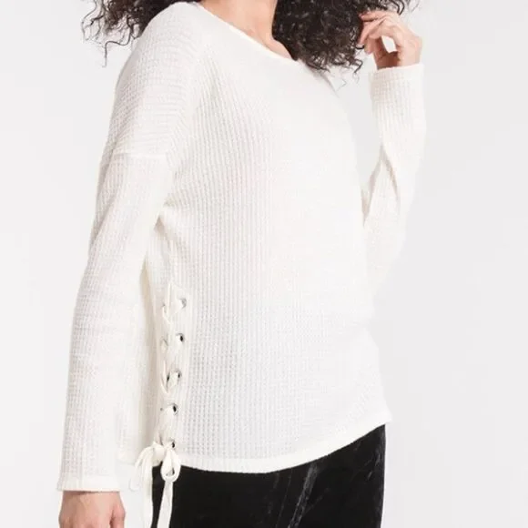 Z Supply Top Women's Thermal Waffle Knit Boho Laced Side Ties Oversized Cozy XS - Picture 1 of 13